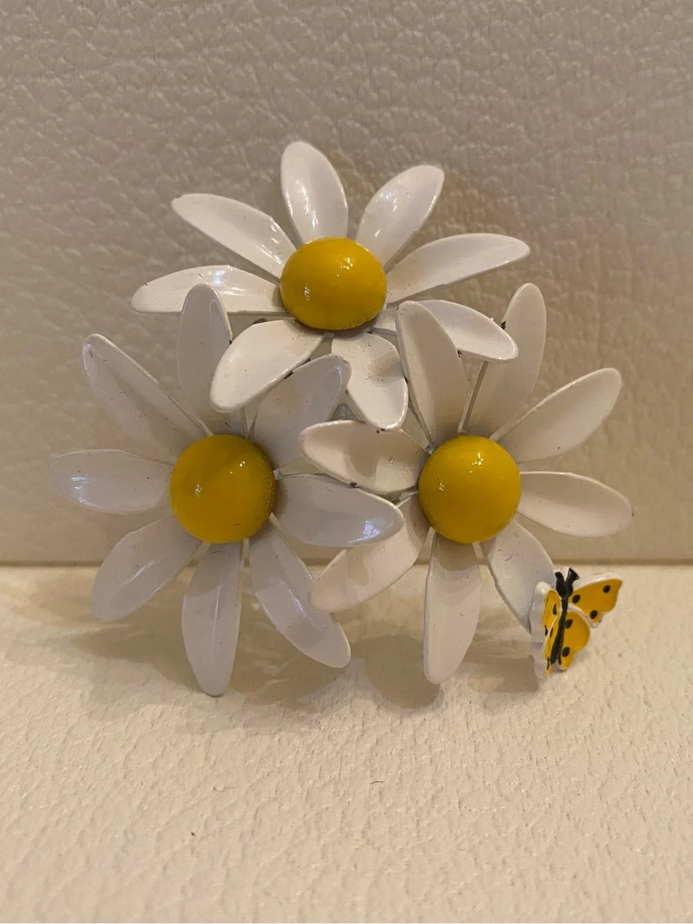 Vintage White & Yellow Daisy Cluster Brooch with Butterfly Accent